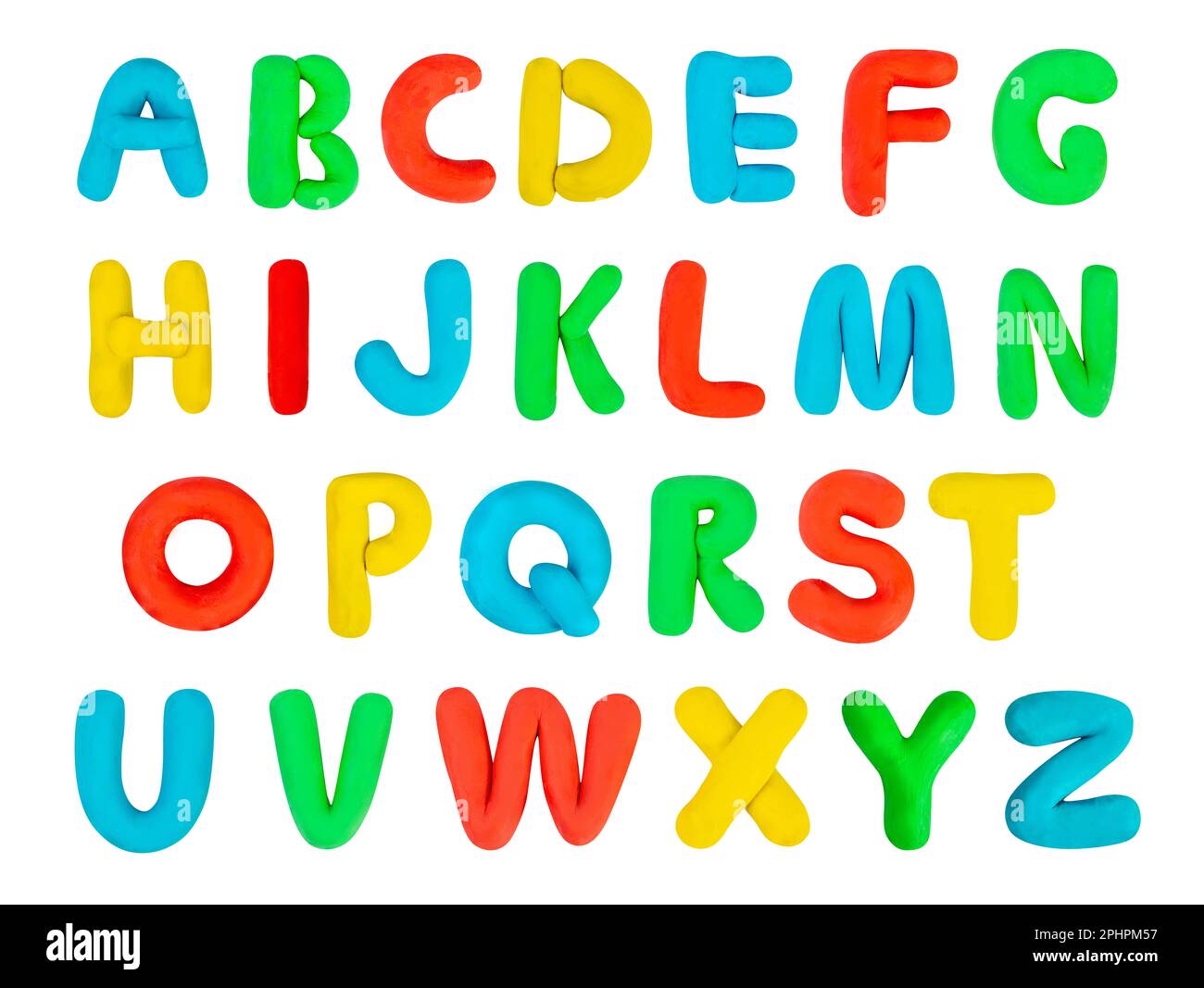 Multi-colored plasticine font. Alphabet letters ABCDEFGHIJKLMNOPQRSTUVWXYZ  and digits 1234567890 set cut out of paper on a background of pieces of  colored plasticine. Stock Photo