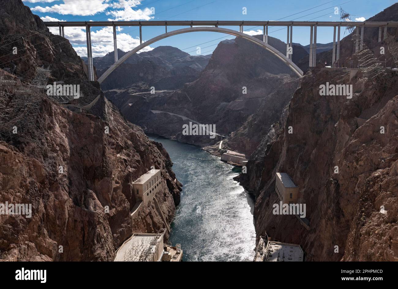 North America; United States; Nevada; Hoover Dam Bypass Bridge (Mike O'Callagahan-Pat Tilman Memorial Bridge); Downstream of Hoover (Boulder) Dam; Ove Stock Photo