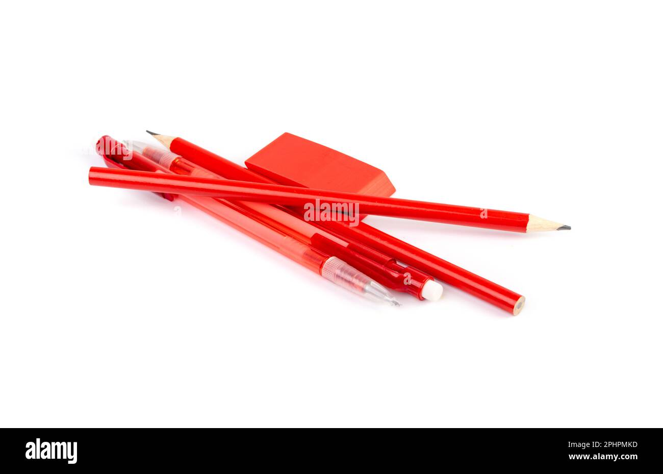 Red Pencil, Pen, Eraser Isolated on White Background, Bright Red