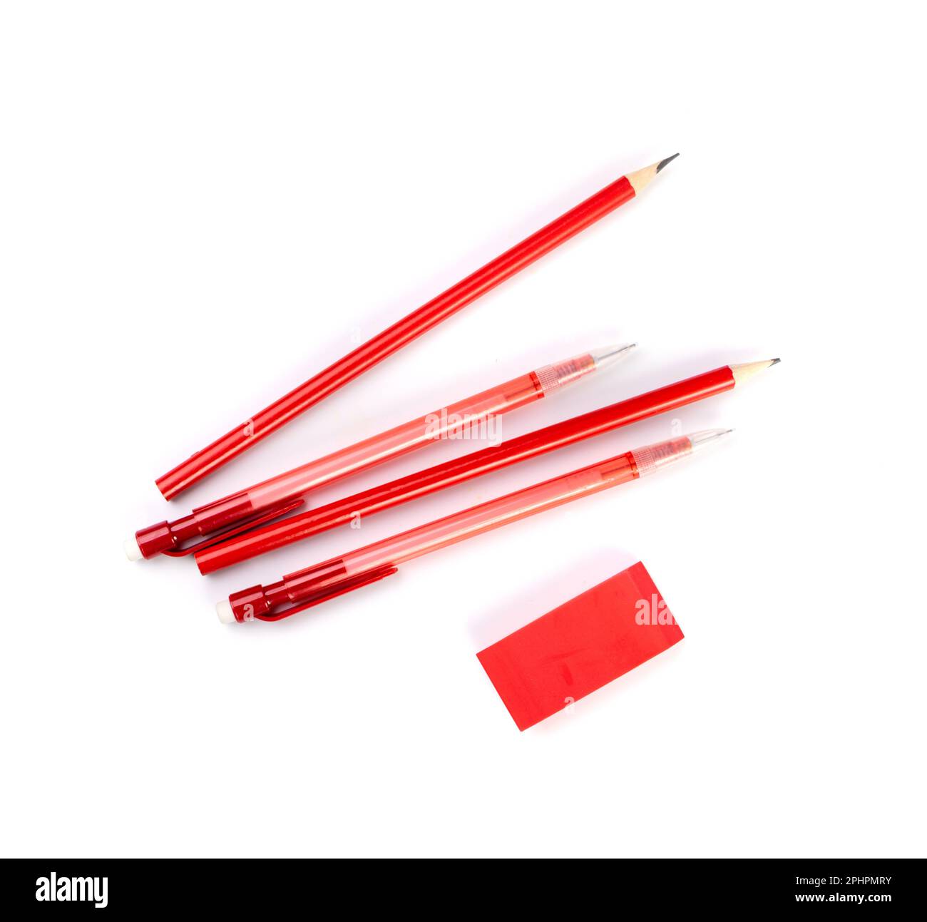 Red Pencil, Pen, Eraser Isolated on White Background, Bright Red