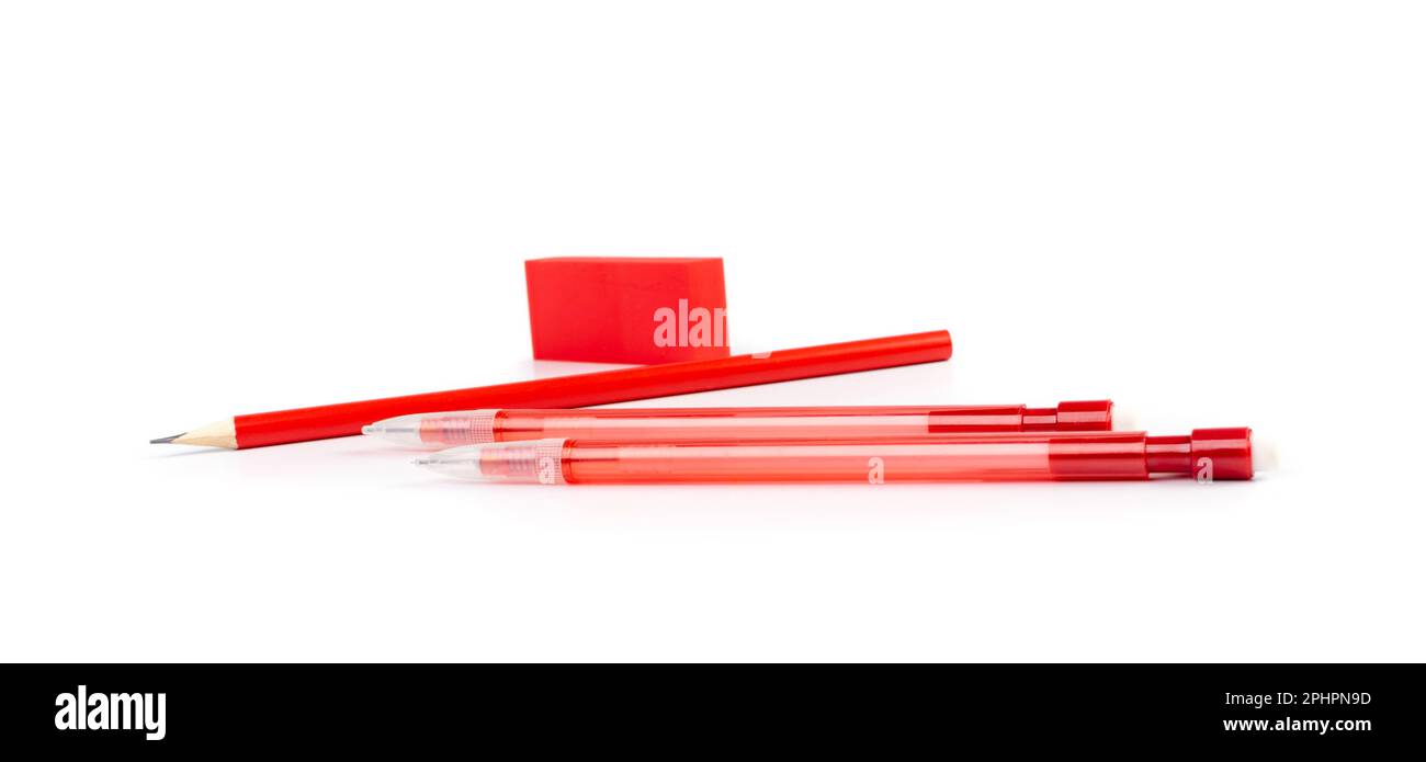 Red Pencil, Pen, Eraser Isolated on White Background, Bright Red