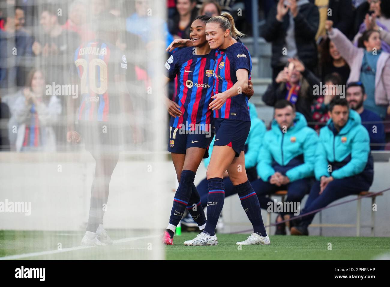 Fridolina Rolfo and Salma Paralluelo of FC Barcelona celebrating goal during the UEFA Womens Champions League match, Quarter-Finals, 2nd leg between FC Barcelona and v AS Roma played at Spotify Camp Nou Stadium on March 29, 2023 in Barcelona, Spain. (Photo by Colas Buera / PRESSIN) Stock Photo
