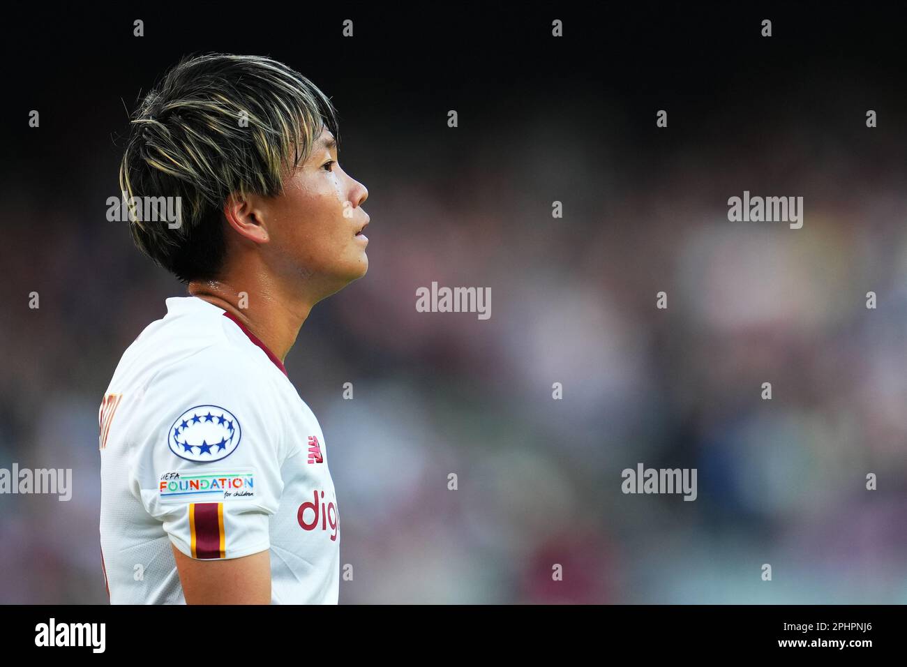 Moeka Kinami of AS Roma during the UEFA Womens Champions League match, Quarter-Finals, 2nd leg between FC Barcelona and v AS Roma played at Spotify Camp Nou Stadium on March 29, 2023 in Barcelona, Spain. (Photo by Colas Buera / PRESSIN) Stock Photo