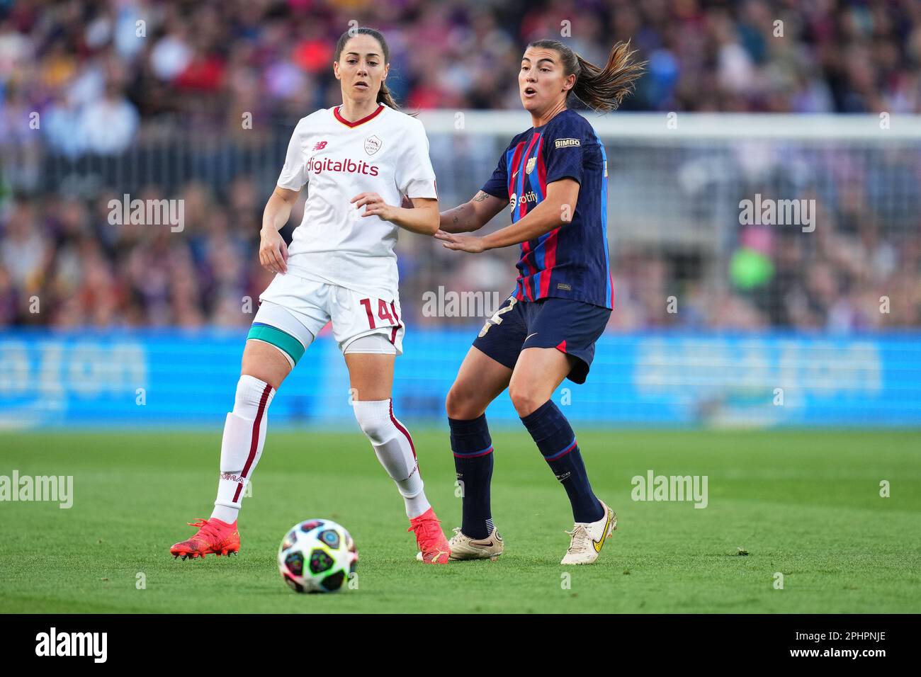 Vicky Losada of AS Roma and Patri Guijarro of FC Barcelona during the UEFA Womens Champions League match, Quarter-Finals, 2nd leg between FC Barcelona and v AS Roma played at Spotify Camp Nou Stadium on March 29, 2023 in Barcelona, Spain. (Photo by Colas Buera / PRESSIN) Stock Photo