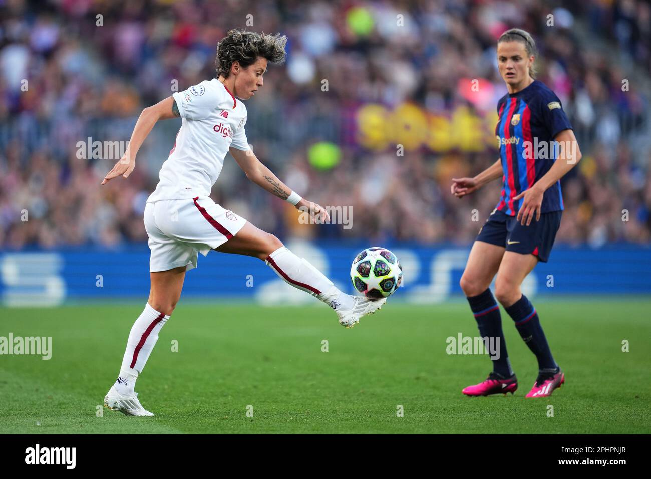 Valentina Giacinti of AS Roma and Irene Paredes of FC Barcelona during the UEFA Womens Champions League match, Quarter-Finals, 2nd leg between FC Barcelona and v AS Roma played at Spotify Camp Nou Stadium on March 29, 2023 in Barcelona, Spain. (Photo by Colas Buera / PRESSIN) Stock Photo