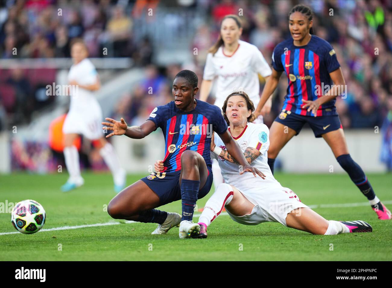 Asista Oshoala of FC Barcelona during the UEFA Womens Champions League match, Quarter-Finals, 2nd leg between FC Barcelona and v AS Roma played at Spotify Camp Nou Stadium on March 29, 2023 in Barcelona, Spain. (Photo by Colas Buera / PRESSIN) Stock Photo