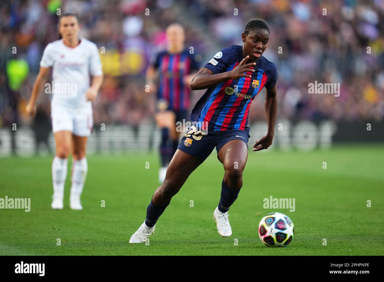 Asista Oshoala of FC Barcelona during the UEFA Womens Champions League match, Quarter-Finals, 2nd leg between FC Barcelona and v AS Roma played at Spotify Camp Nou Stadium on March 29, 2023 in Barcelona, Spain. (Photo by Colas Buera / PRESSIN) Stock Photo
