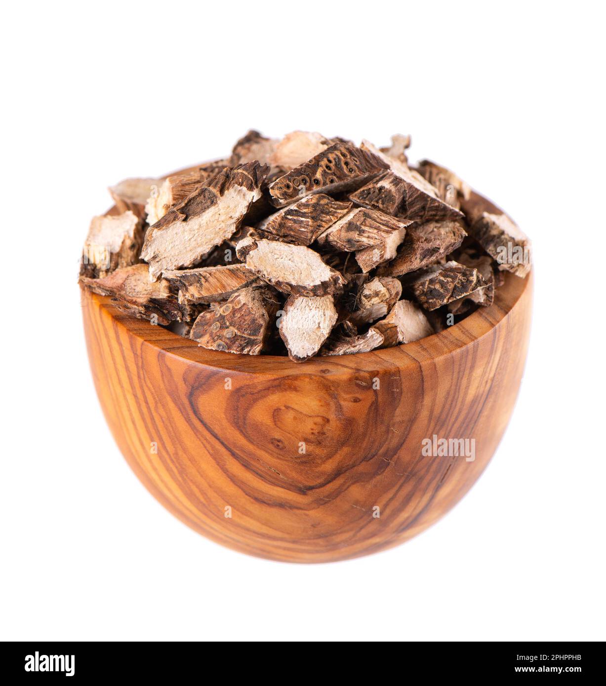 Calamus root in wooden bowl, isolated on white background. Sweet flag