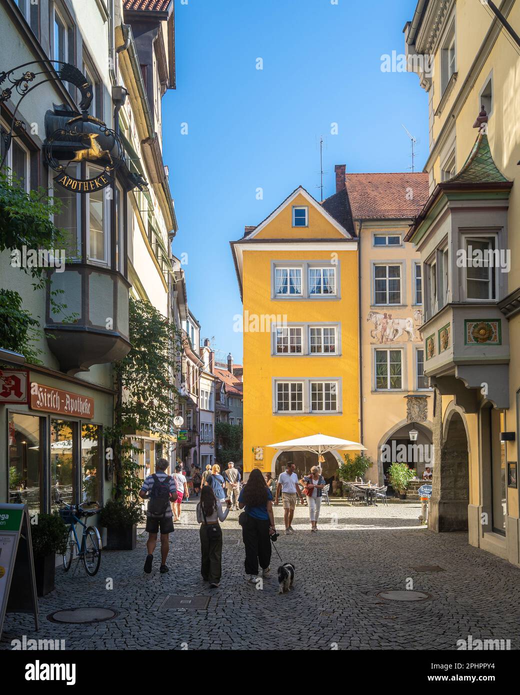 Lindau, Bavaria, Germany, Aug. 2022. Pedestrian street with colorful
