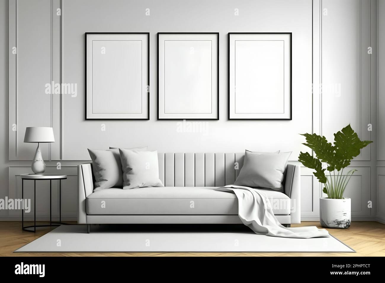 Blank picture frame mockup on white wall. Modern living room design