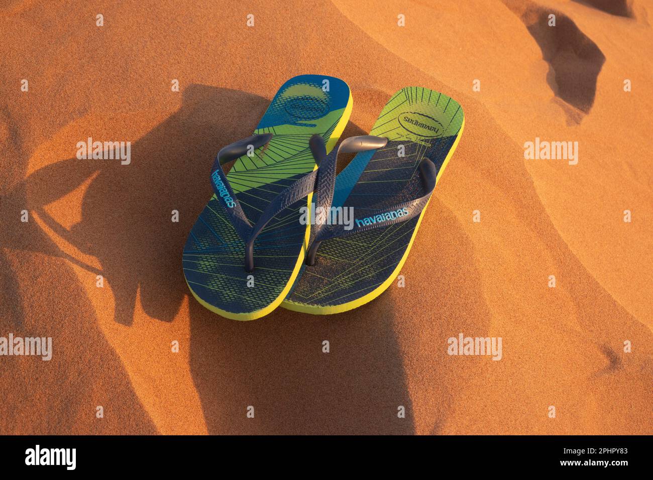 Sandals in the sand, Wahiba Sands, Ash Sharqiyah, Oman Stock Photo