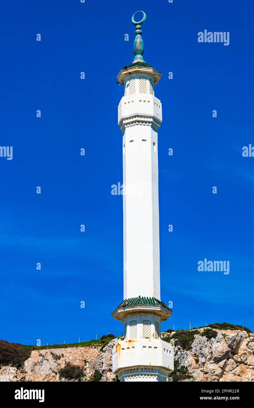 The spire of Ibrahim-al-Ibrahim Mosque also known as the King Fahd bin Abdulaziz al-Saud Mosque in Gibraltar, UK Stock Photo