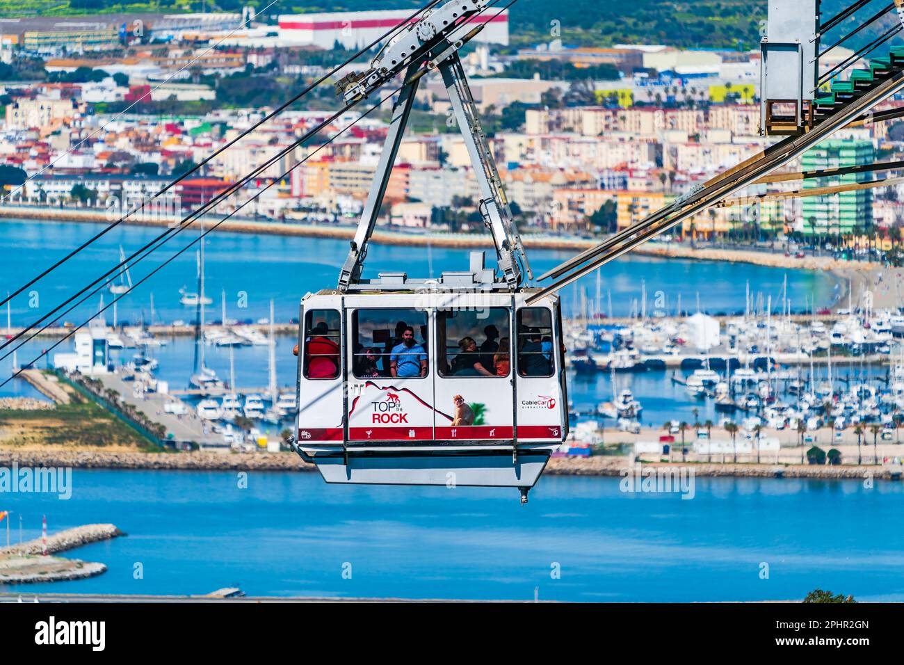GIBRALTAR UK MARCH 12 2023 Cable car takes tourists up the Gibraltar