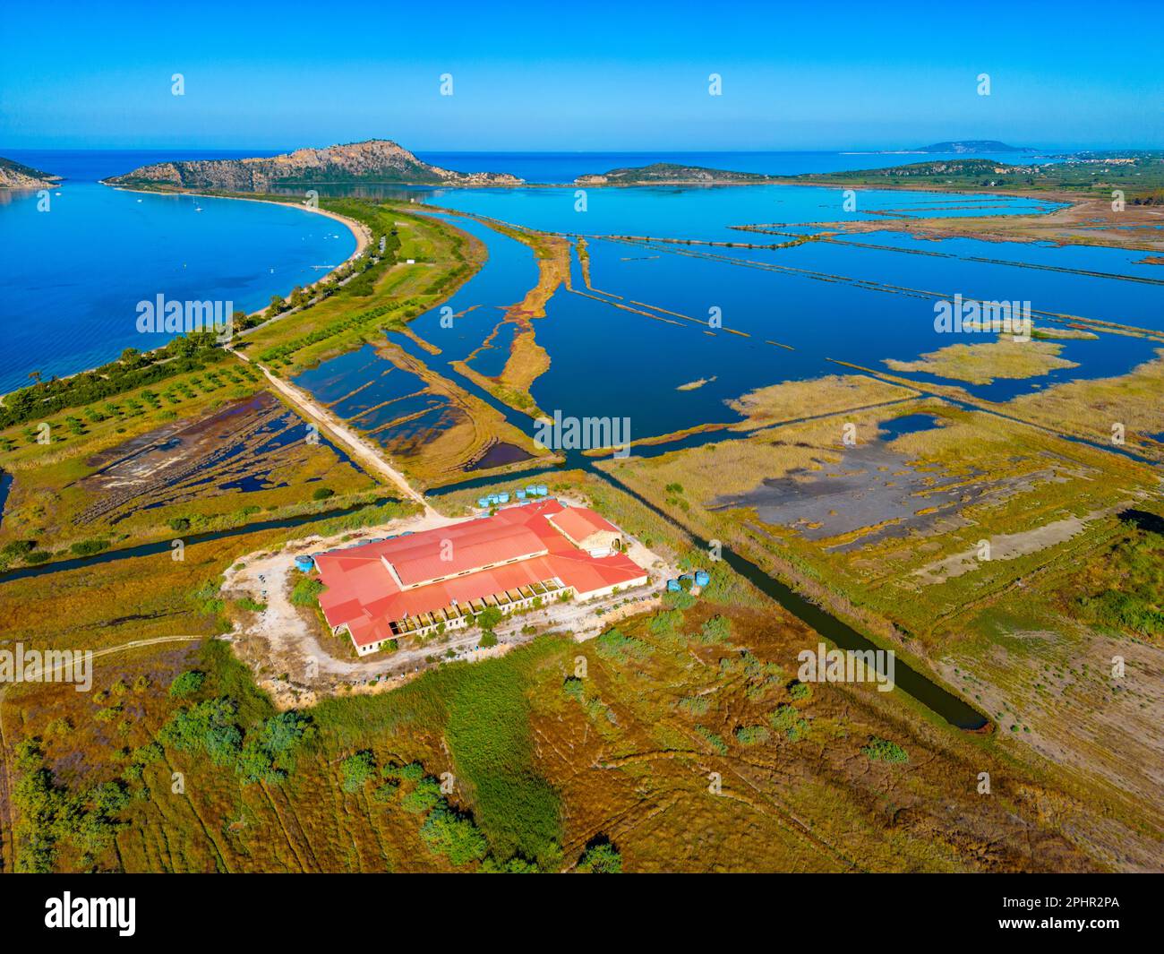 Aerial view of Limni Divari lagoon in Greece. Stock Photo