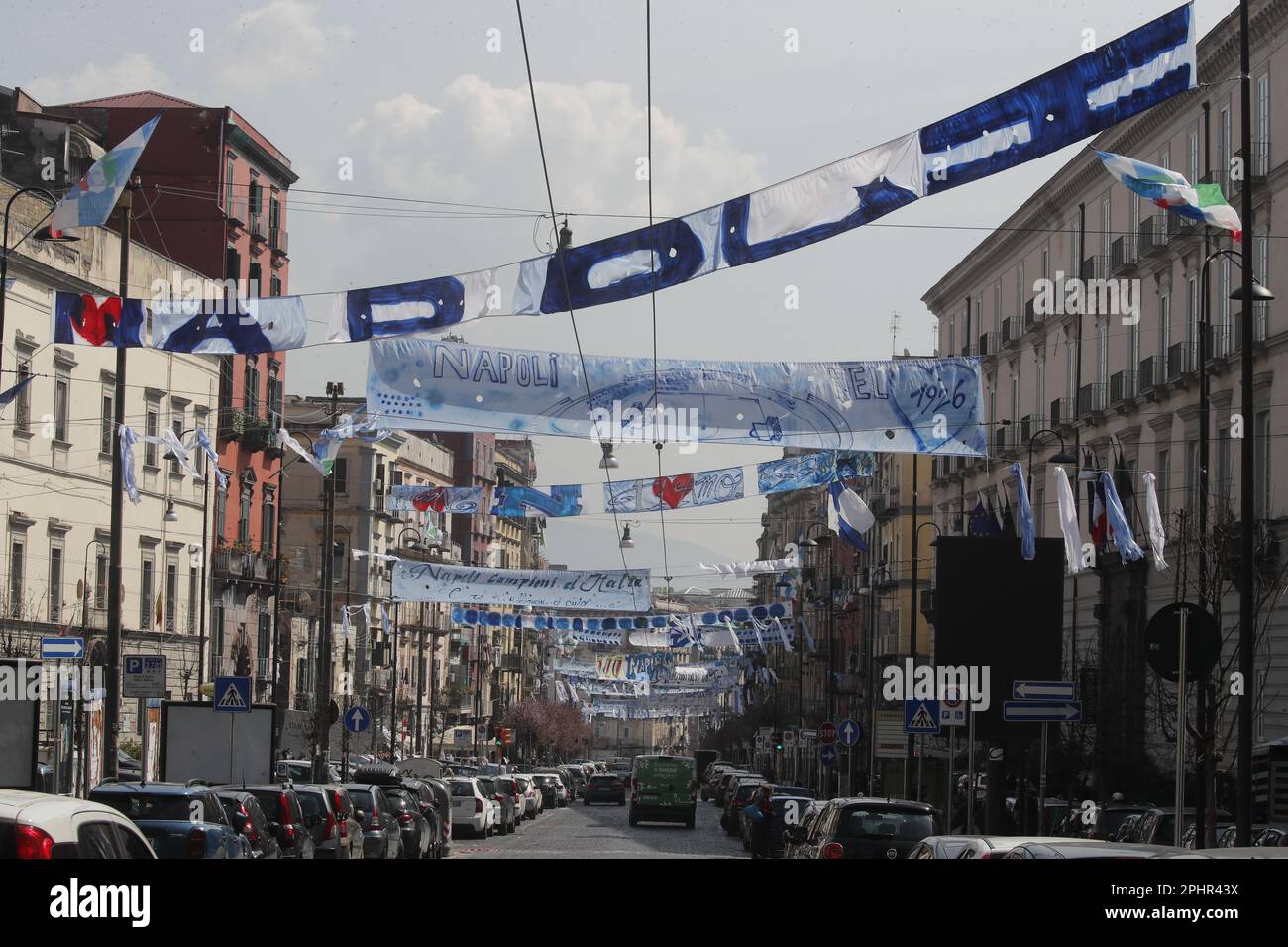 Naples, Italy. 22nd Mar, 2023. Makeshift banners are displayed on a Naples street as the city prepares to win its potential first Scudetto in 33 years. - An incredible 19-point lead at the top of Serie A. Credit: Independent Photo Agency/Alamy Live News Stock Photo