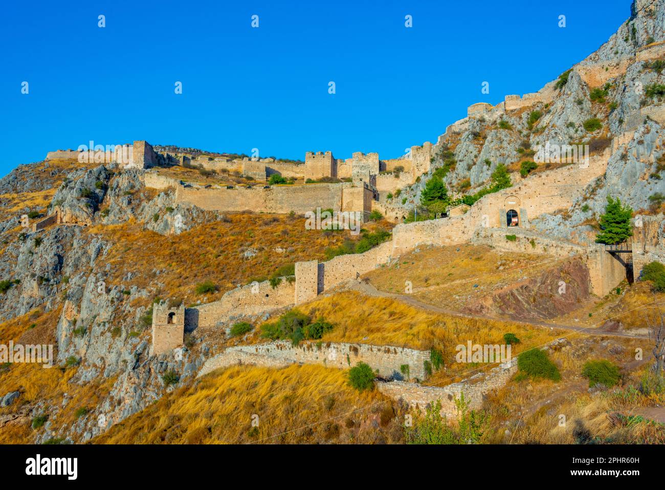 View of Acrocorinth castle in Greece. Stock Photo