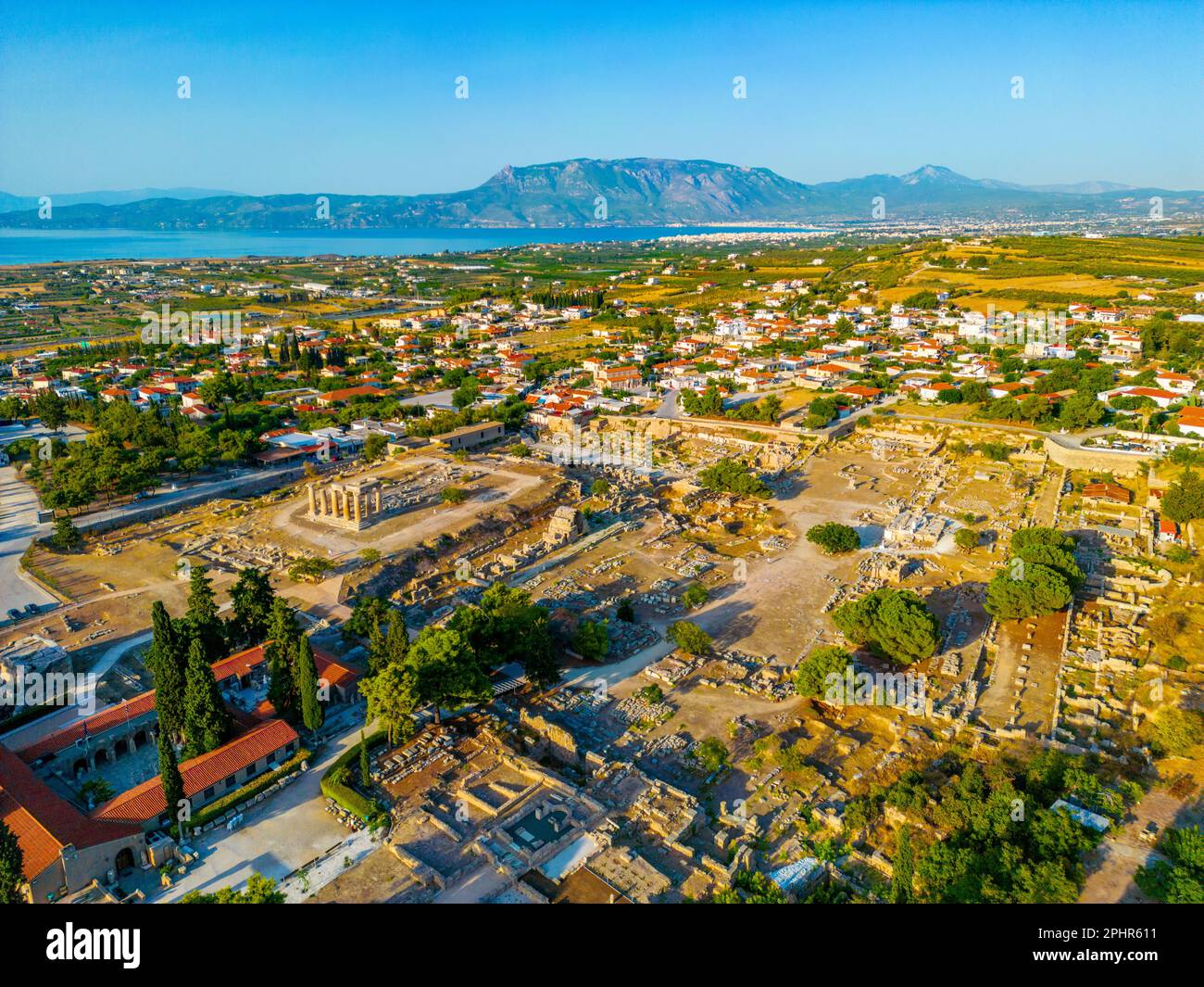 Aerial view of Ancient Corinth archaeological site in Greece Stock