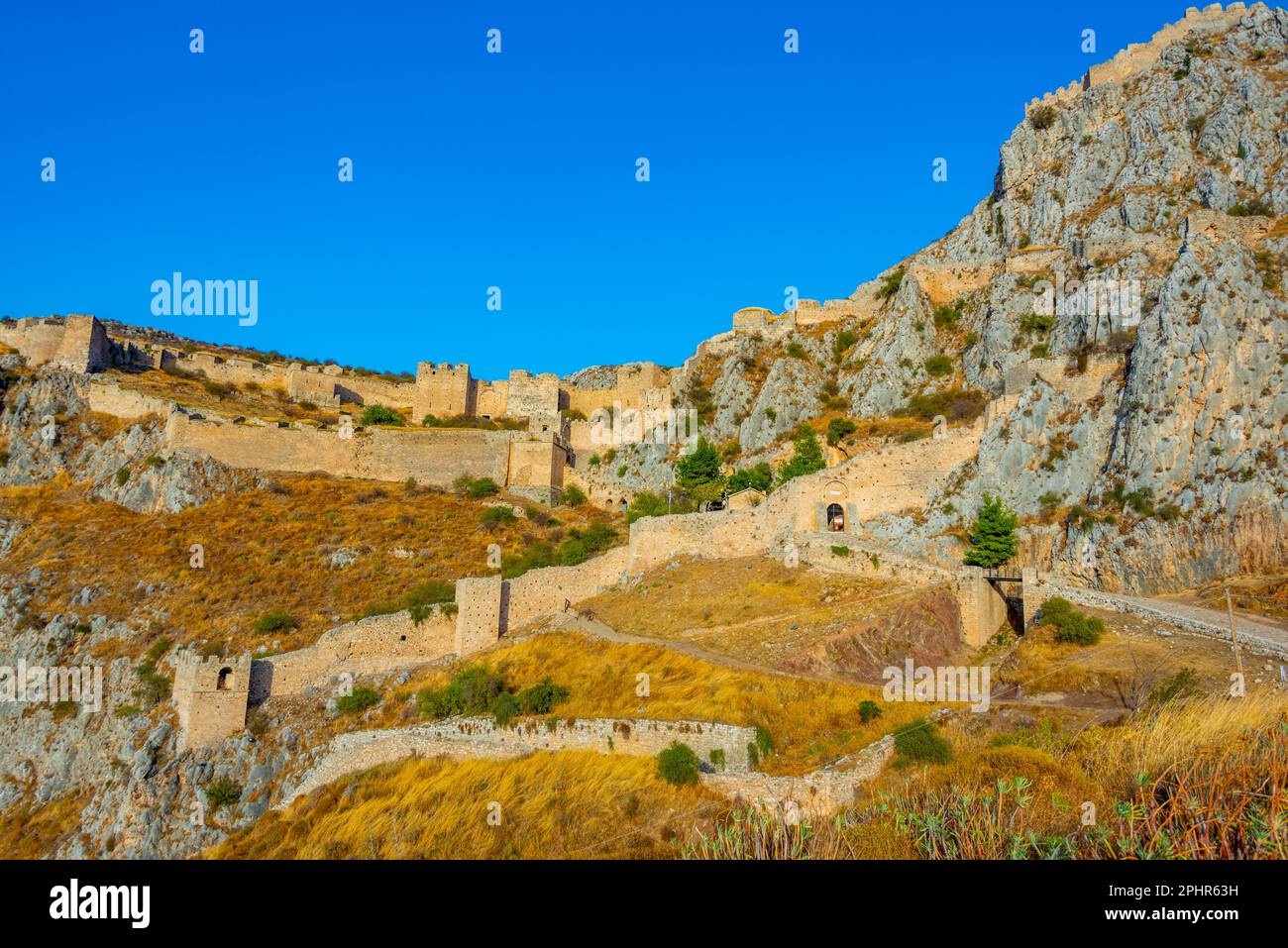 View of Acrocorinth castle in Greece. Stock Photo