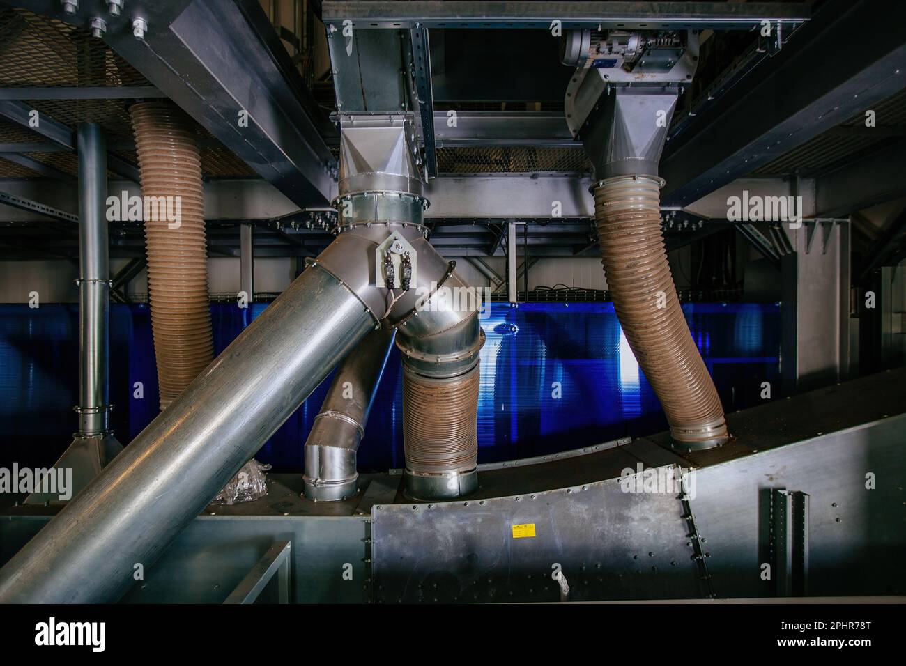 Industrial grain drying machine. Pipeline and separator. Stock Photo