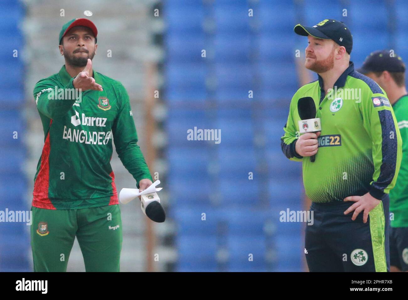 Captain Shakib Al Hasan (L) and Captain Paul Stirling(R) during toss as  Bangladesh saw a number of records break in their thumping 77-run win over Ir Stock Photo