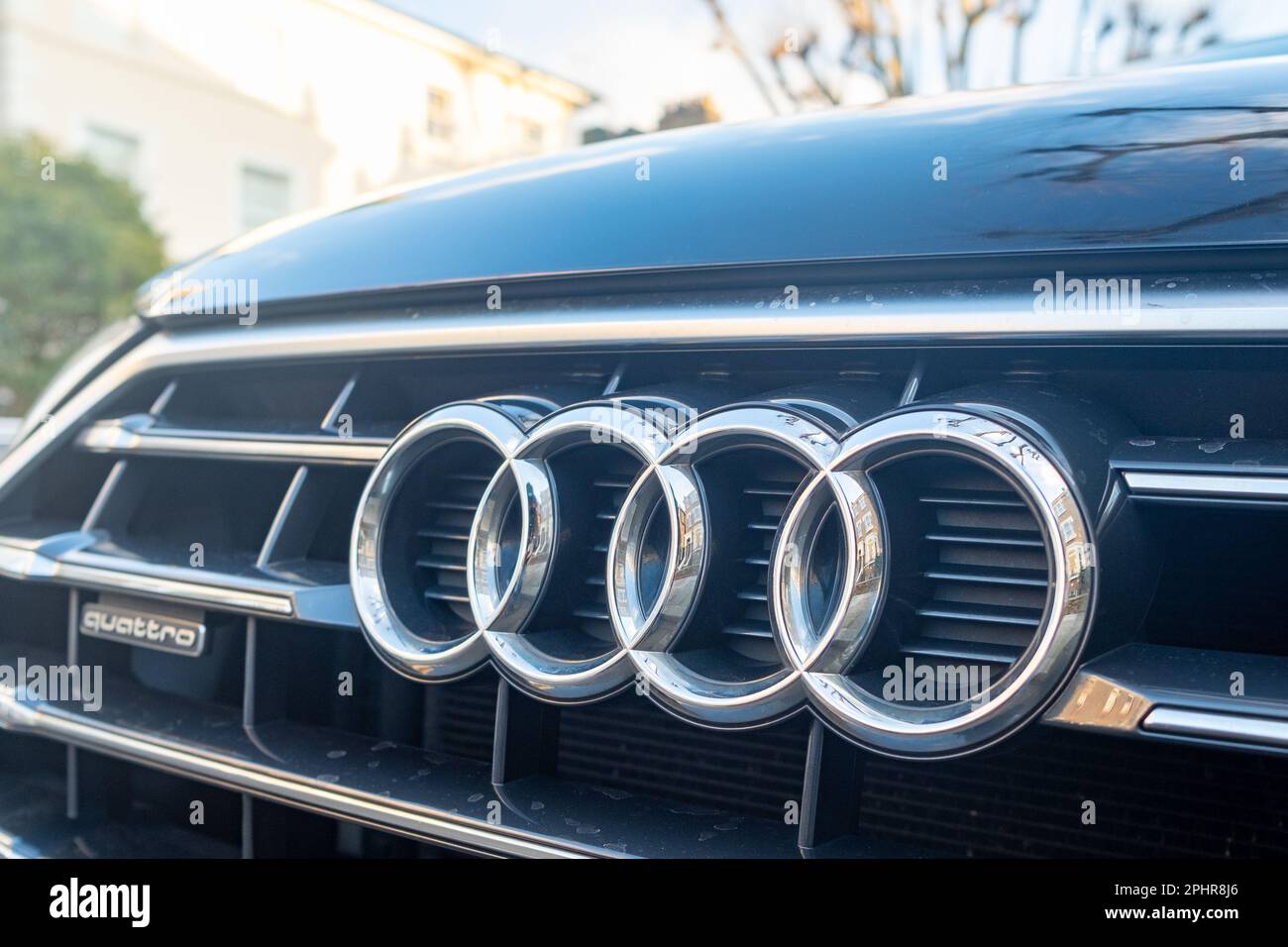 London- January 2023: Audi car badge logo- German car manufacturer Stock Photo