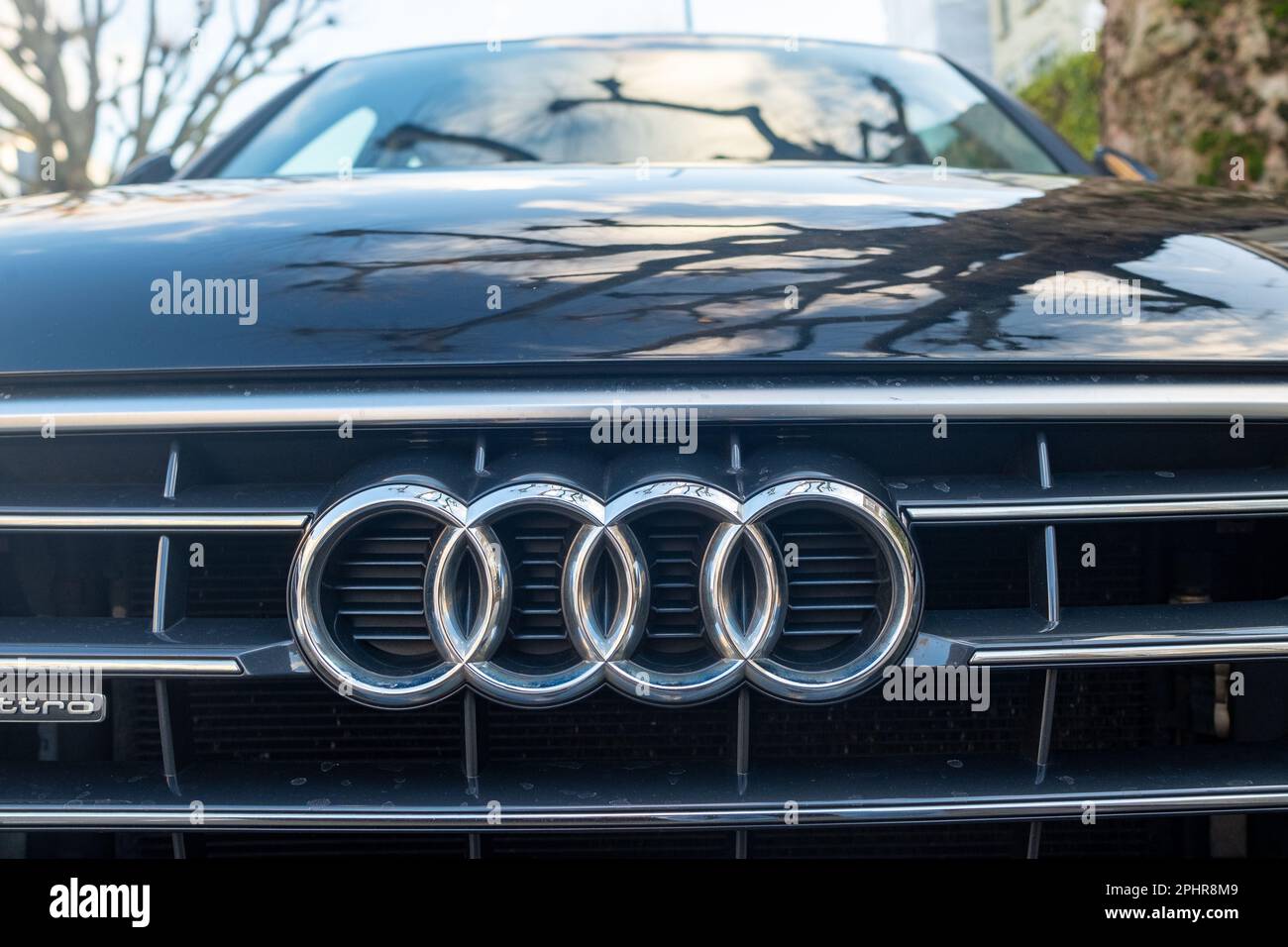 London- January 2023: Audi car badge logo- German car manufacturer Stock Photo