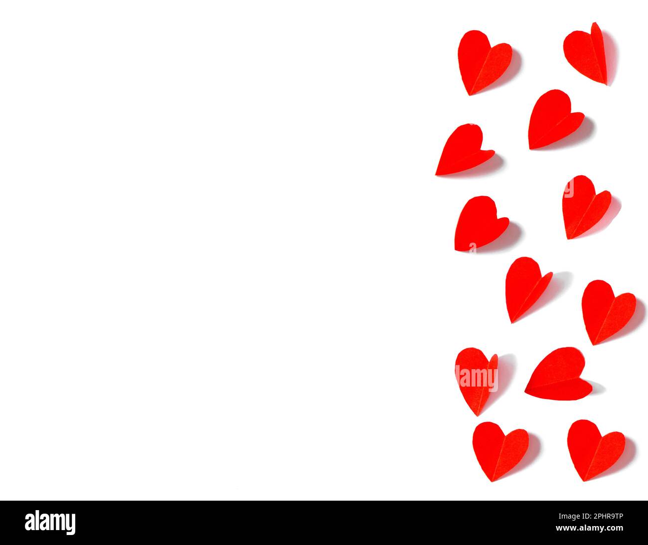 Valentines Day background. Red paper hearts with original shadow on white Stock Photo