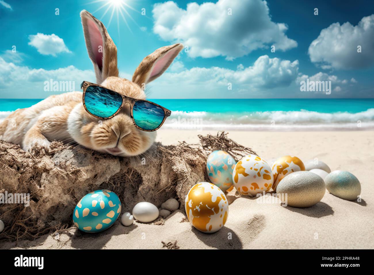 Easter bunny with eggs in holidays vacation on the beach. Funny Easter