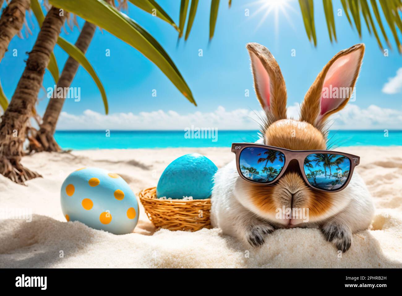 Easter bunny and eggs on the sand beach with palm trees. Funny Easter concept Stock Photo
