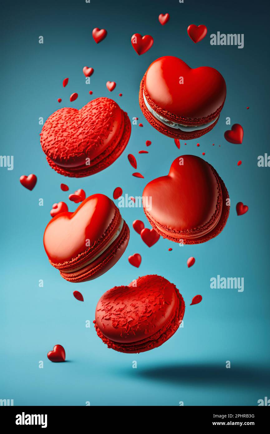 Red macaroons heart shaped flying over blue background. Valentines day concept Stock Photo