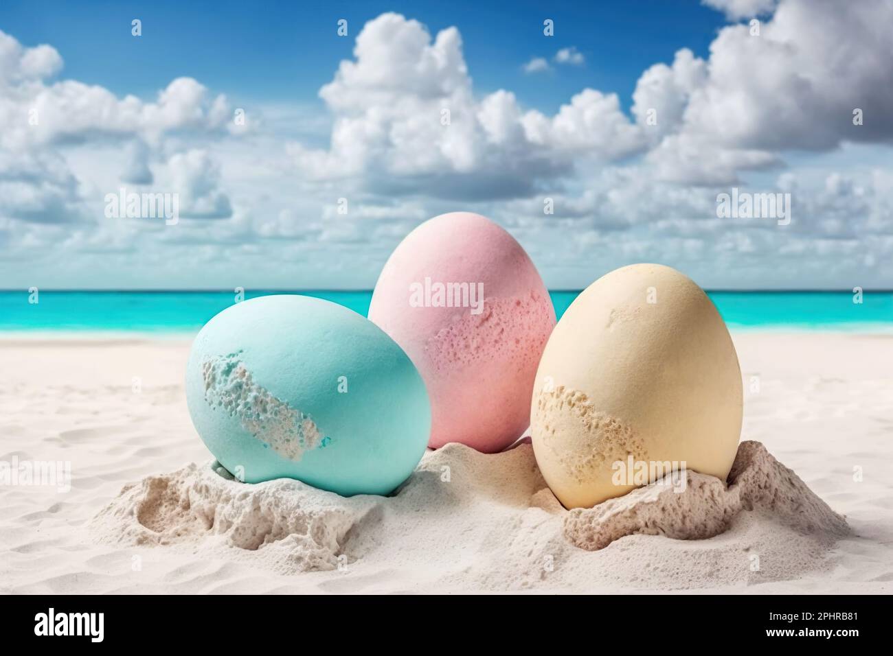 Easter eggs on sand beach with sea and blue sky. Easter travel vacation concept Stock Photo