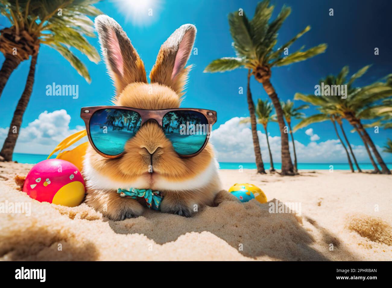 Cute Easter bunny and eggs on the sand beach with palm trees. Funny Easter concept Stock Photo
