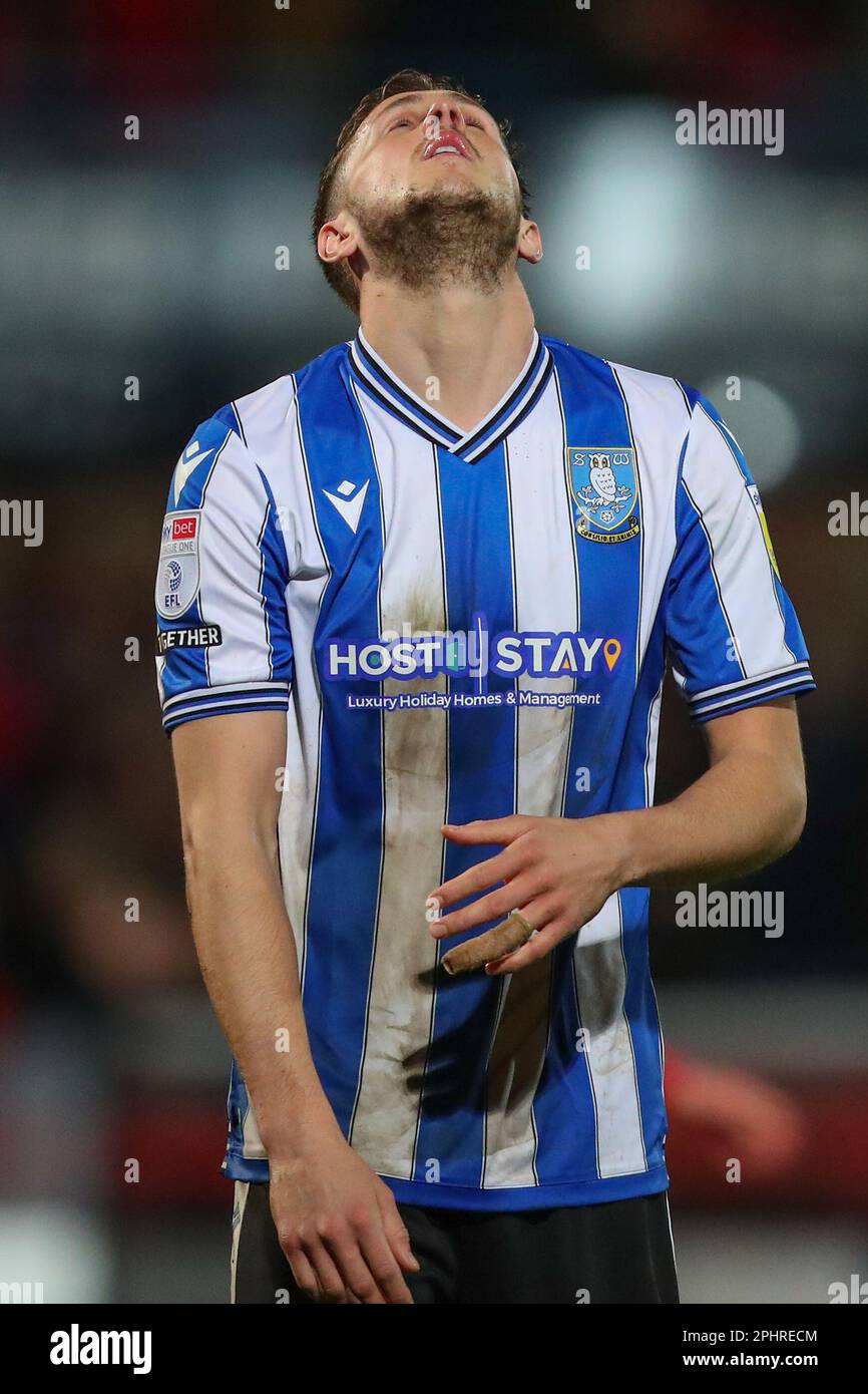 Cheltenham, UK. 29th Mar, 2023. Will Vaulks #4 of Sheffield Wednesday looks dejected after the final whistle in the Sky Bet League 1 match Cheltenham Town vs Sheffield Wednesday at The Completely-Suzuki Stadium, Cheltenham, United Kingdom, 29th March 2023 (Photo by Gareth Evans/News Images) in Cheltenham, United Kingdom on 3/29/2023. (Photo by Gareth Evans/News Images/Sipa USA) Credit: Sipa USA/Alamy Live News Stock Photo