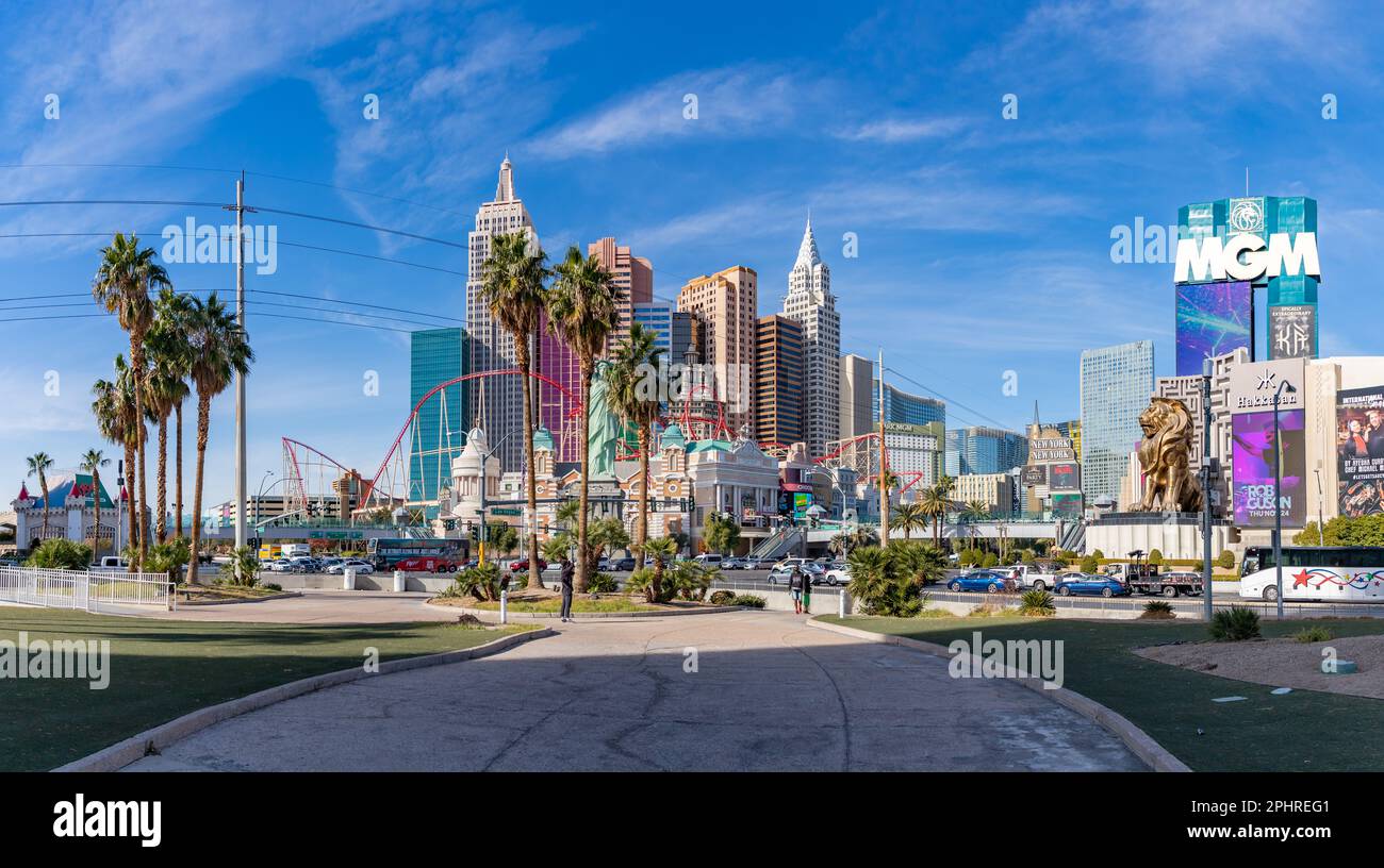 A picture of the New York-New York Hotel and Casino as seen from across the nearby intersection, with the MGM Grand billboard on the right. Stock Photo