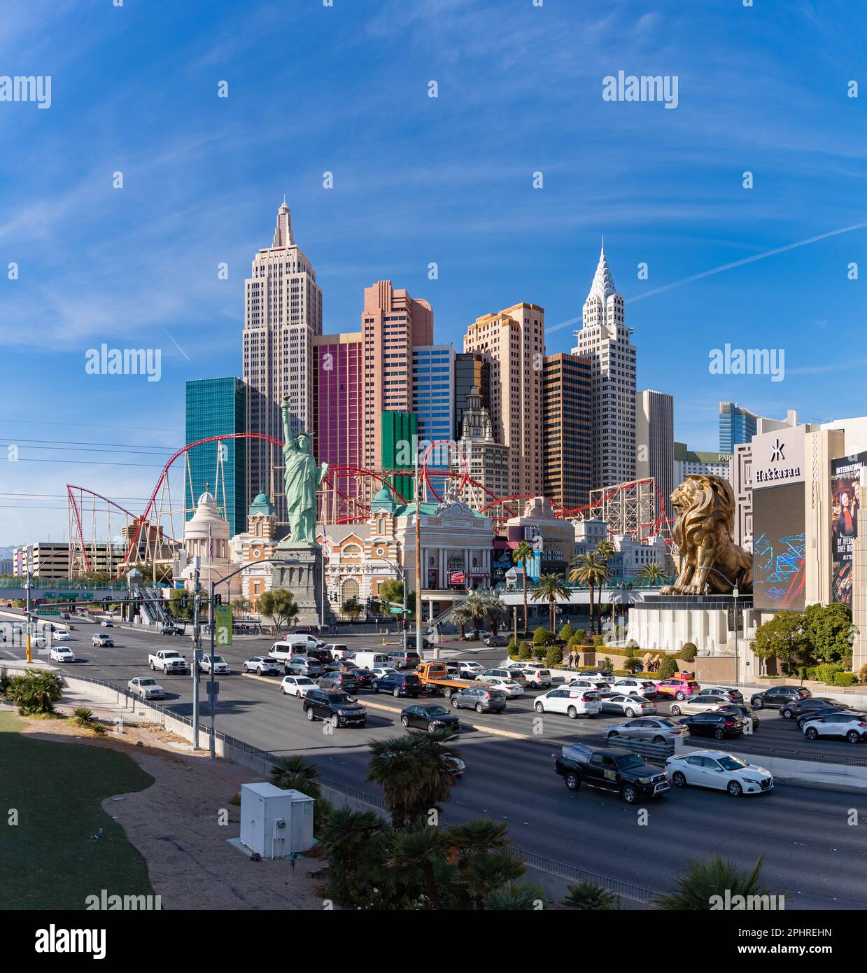 A picture of the New York-New York Hotel and Casino as seen from across the nearby intersection. Stock Photo