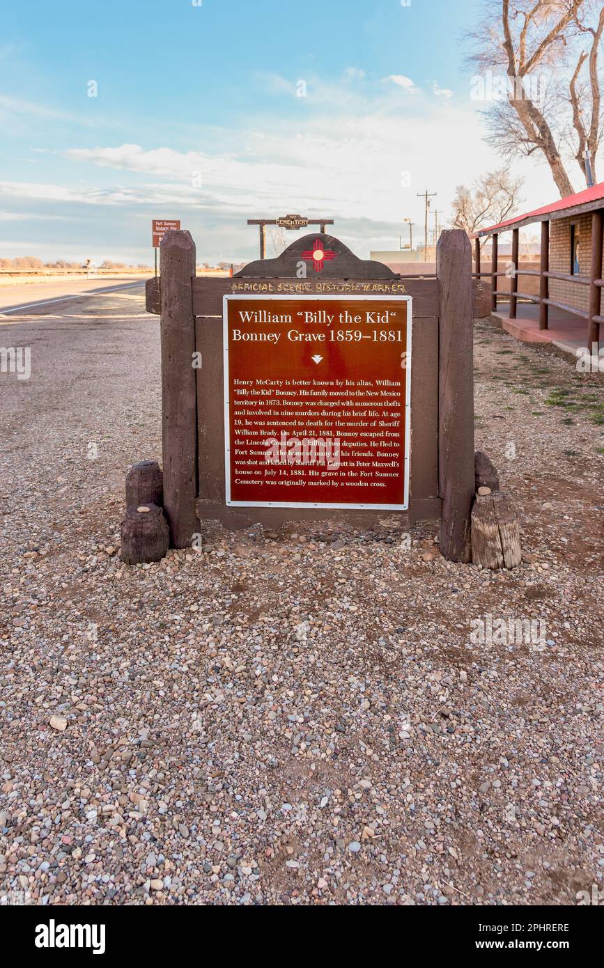 Marker explains the life of crime led by Henry McCarty aka Billy the Kid  who was shot and killed by Sheriff Pat Garrett in Ft. Sumner, New Mexico. Stock Photo