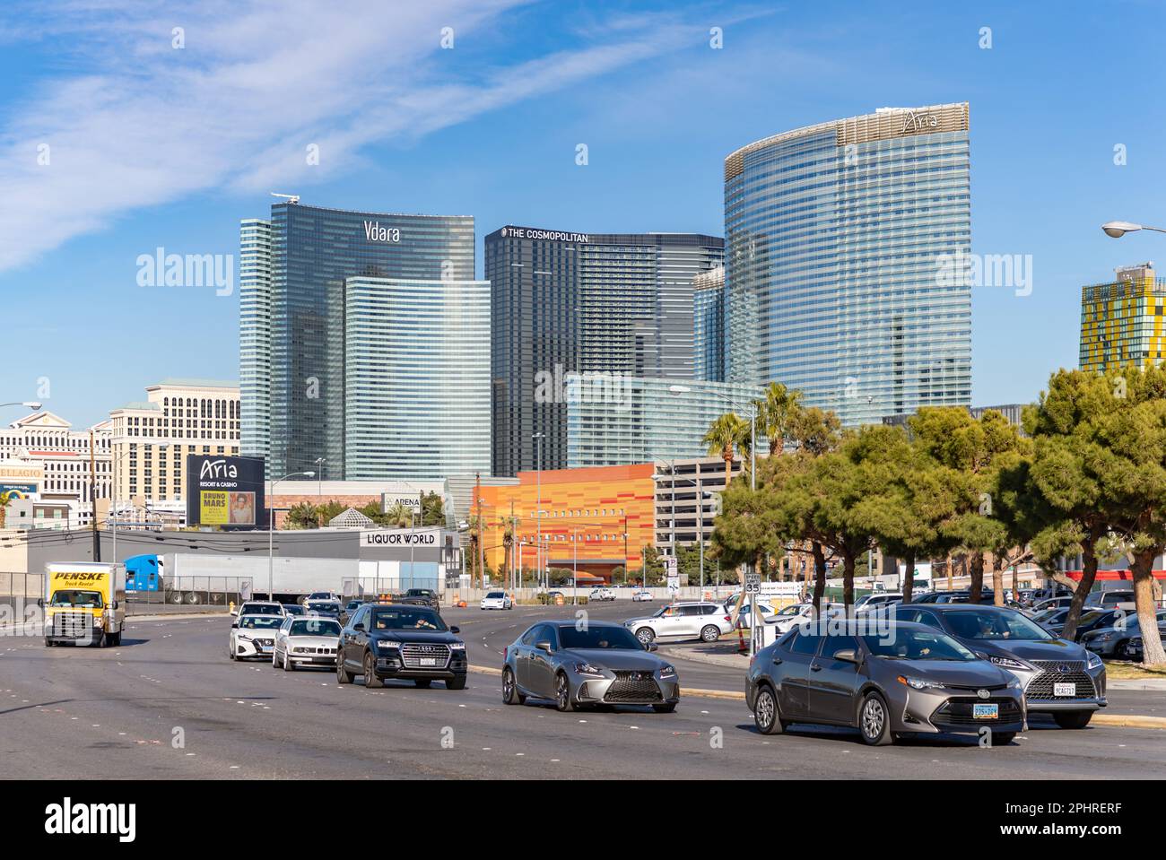 A picture of the Dean Martin Drive, with the Vdara Hotel and Spa, The Cosmopolitan of Las Vegas and the ARIA Resort and Casino seen at the far back. Stock Photo