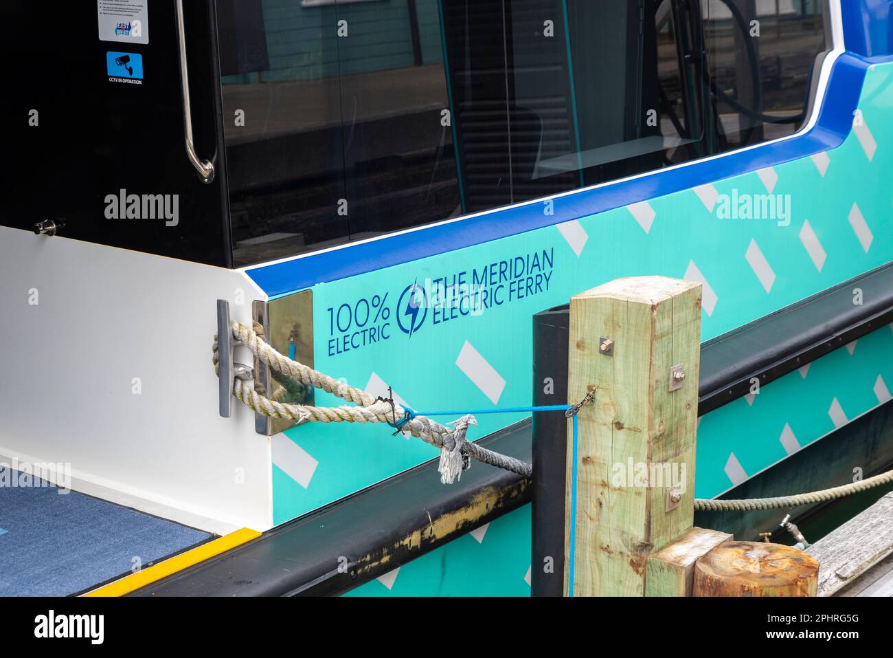 Ika Rere (“Flying Fish”), electric catamaran ferry in Queens Wharf, in the harbourside area of