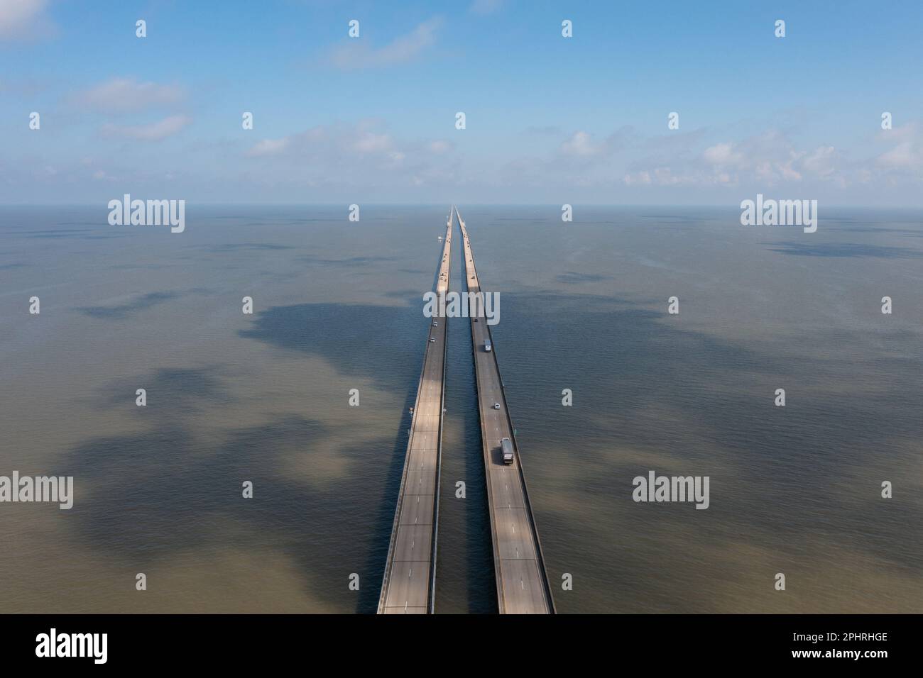 Bird eye view of Lake Pontchartrain Causeway, a 24 mile long bridge in