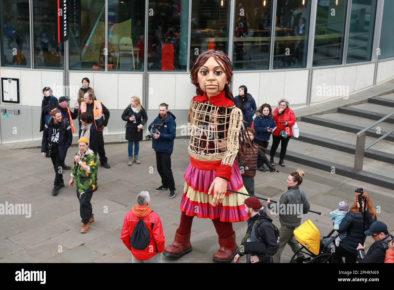 London, UK. 29 March 2023. Giant puppet Little Amal walks around the