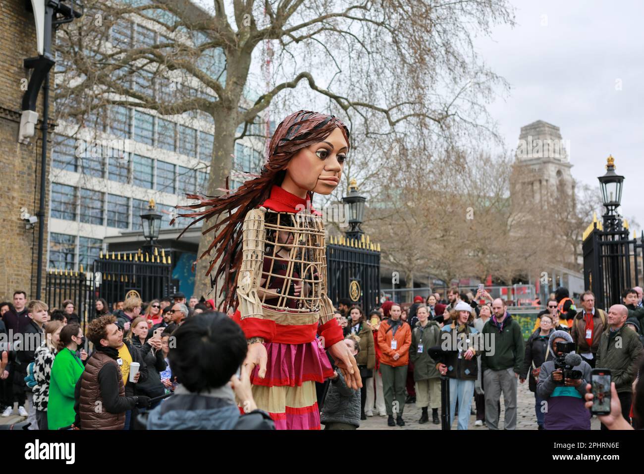 London, UK. 29 March 2023. Giant puppet Little Amal walks around the