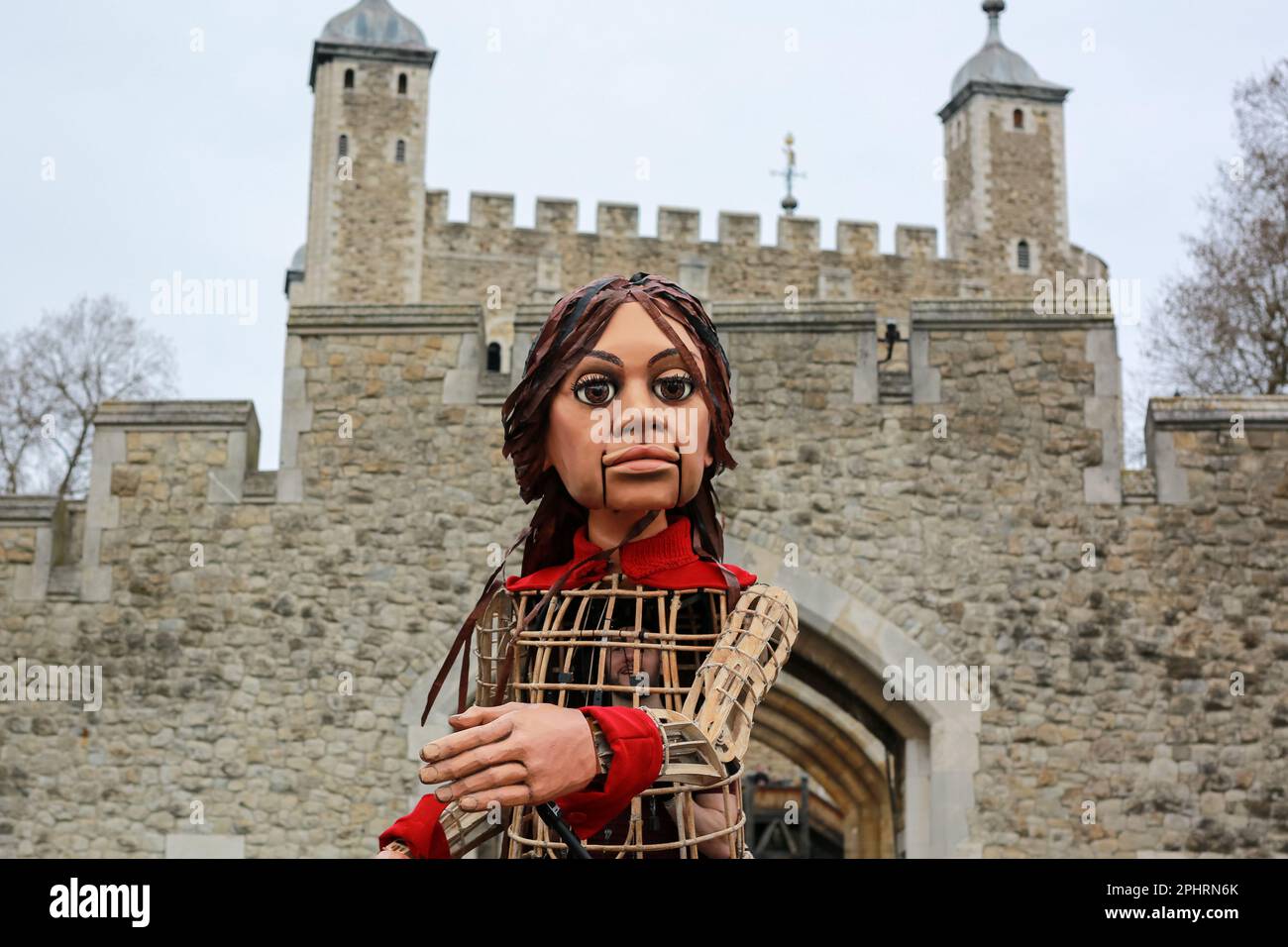 London, UK. 29 March 2023. Giant puppet Little Amal walks around the
