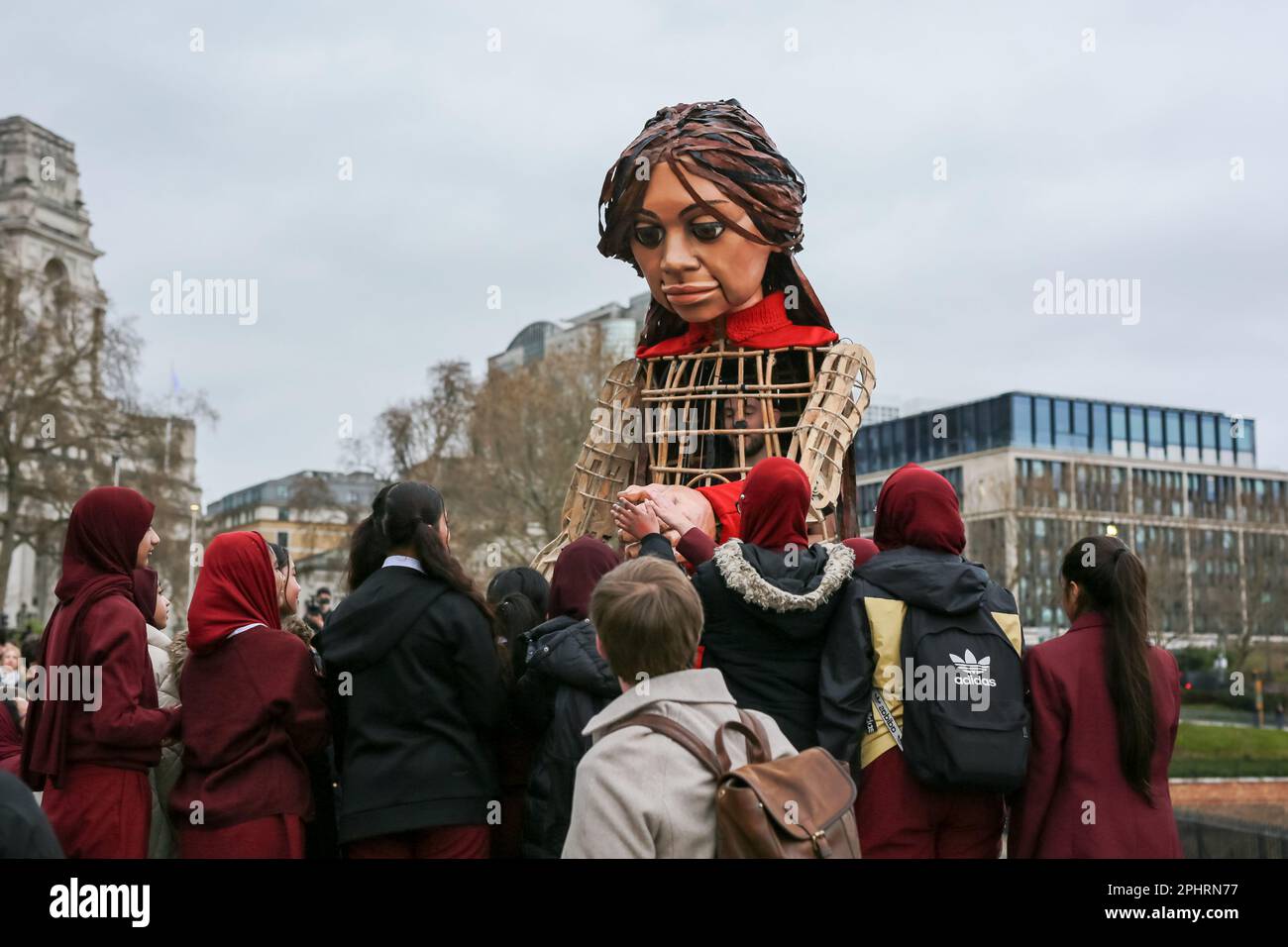 London, UK. 29 March 2023. Giant puppet Little Amal walks around the