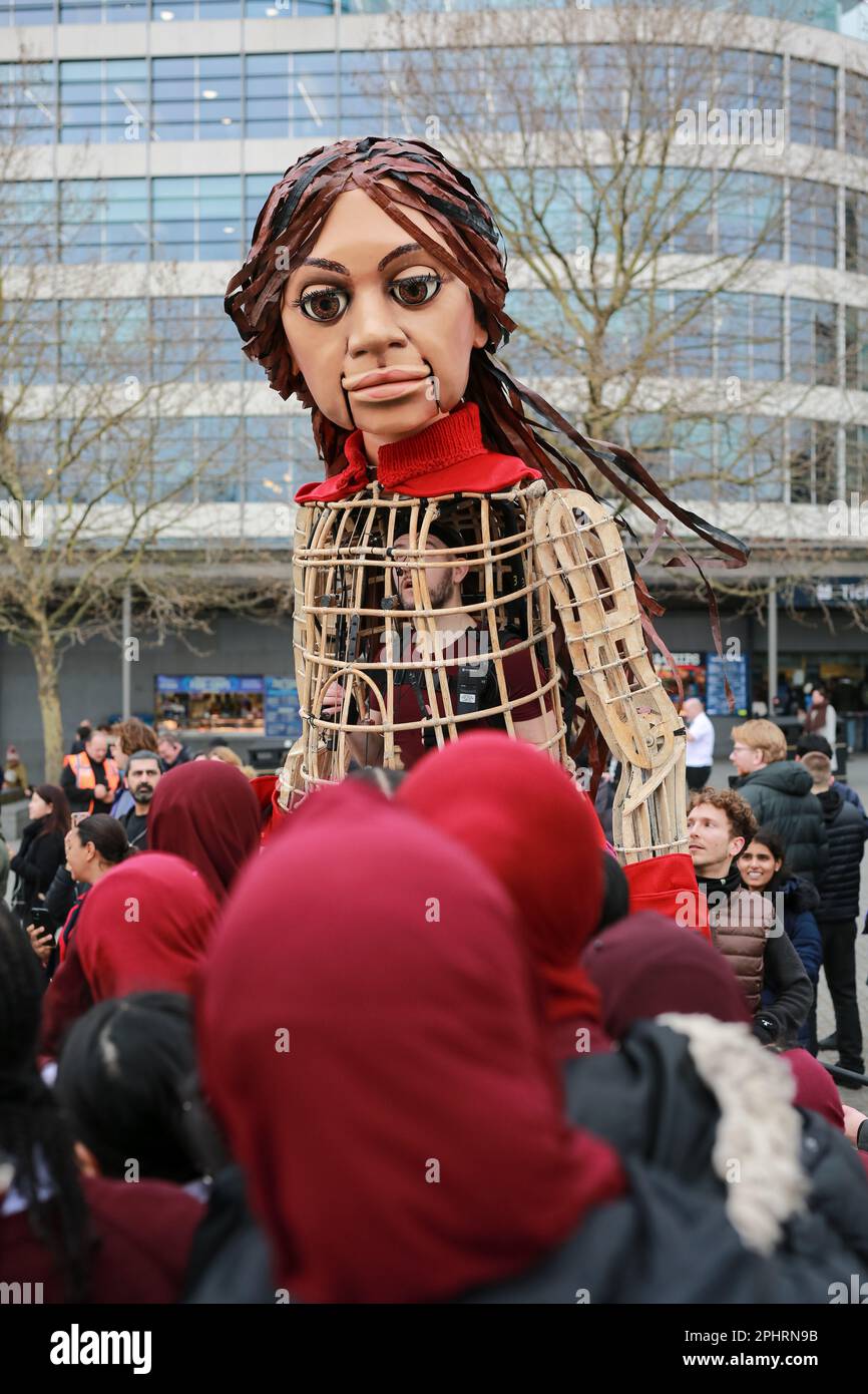 London, UK. 29 March 2023. Giant puppet Little Amal walks around the