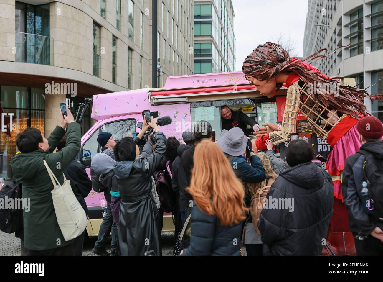 London, UK. 29 March 2023. Giant puppet Little Amal walks around the