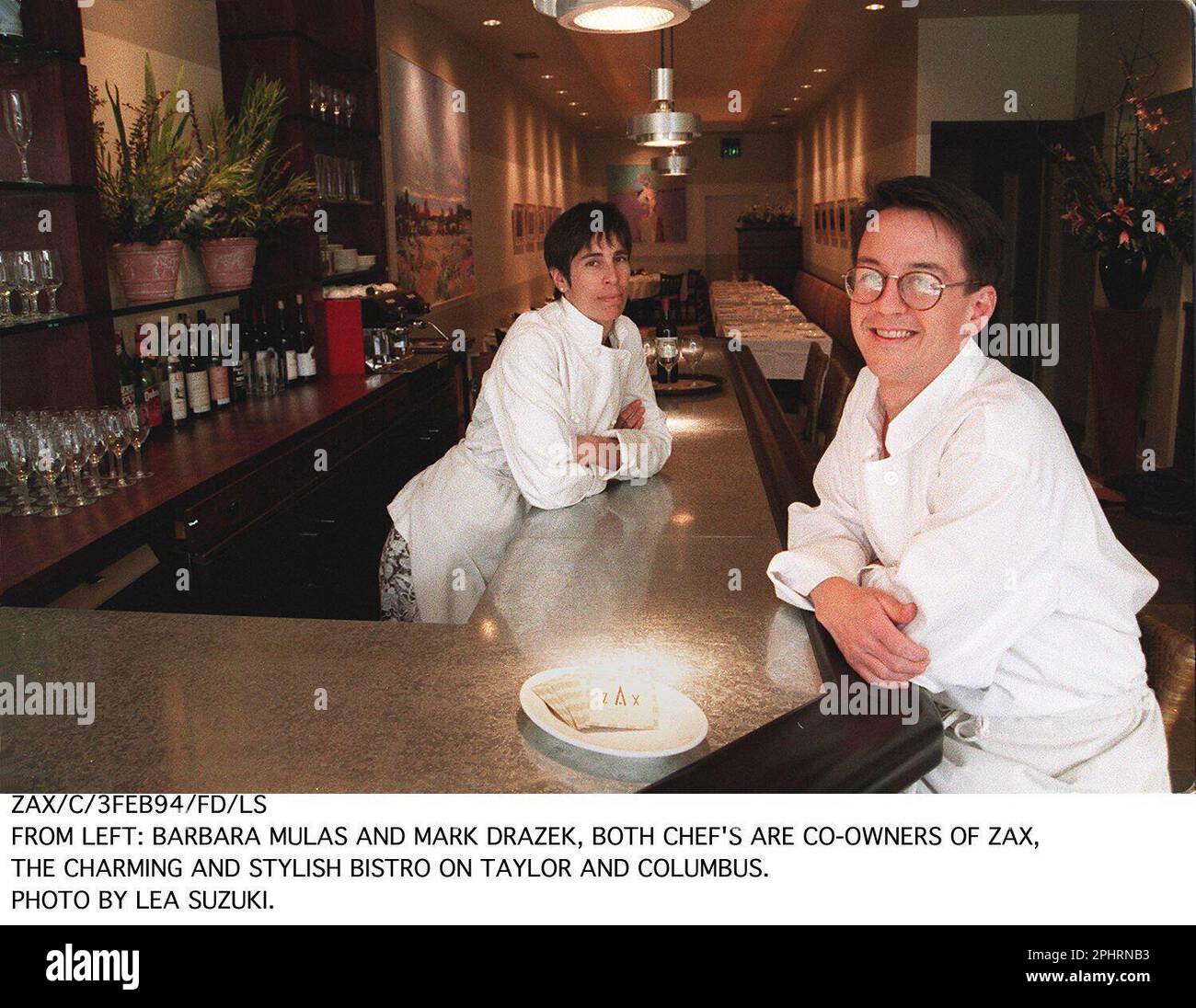 CHRONICLE 02/09/94 // CHEF BARBARA MULAS AND CHEF MARK DRAZEK ARE CO-OWNERS  OF ZAX. (LEA SUZUKI/San Francisco Chronicle via AP Stock Photo - Alamy