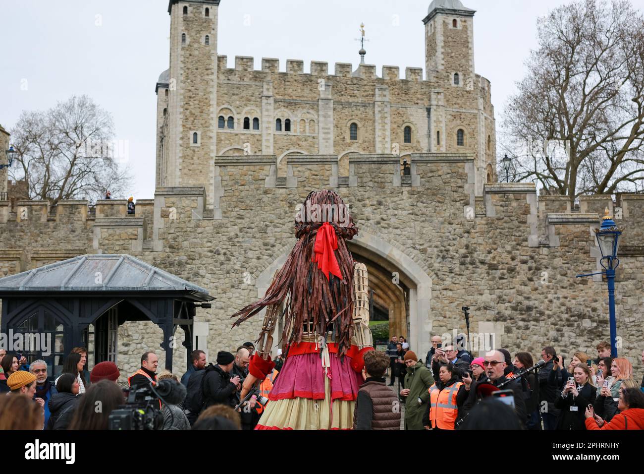 London, UK. 29 March 2023. Giant puppet Little Amal walks around the