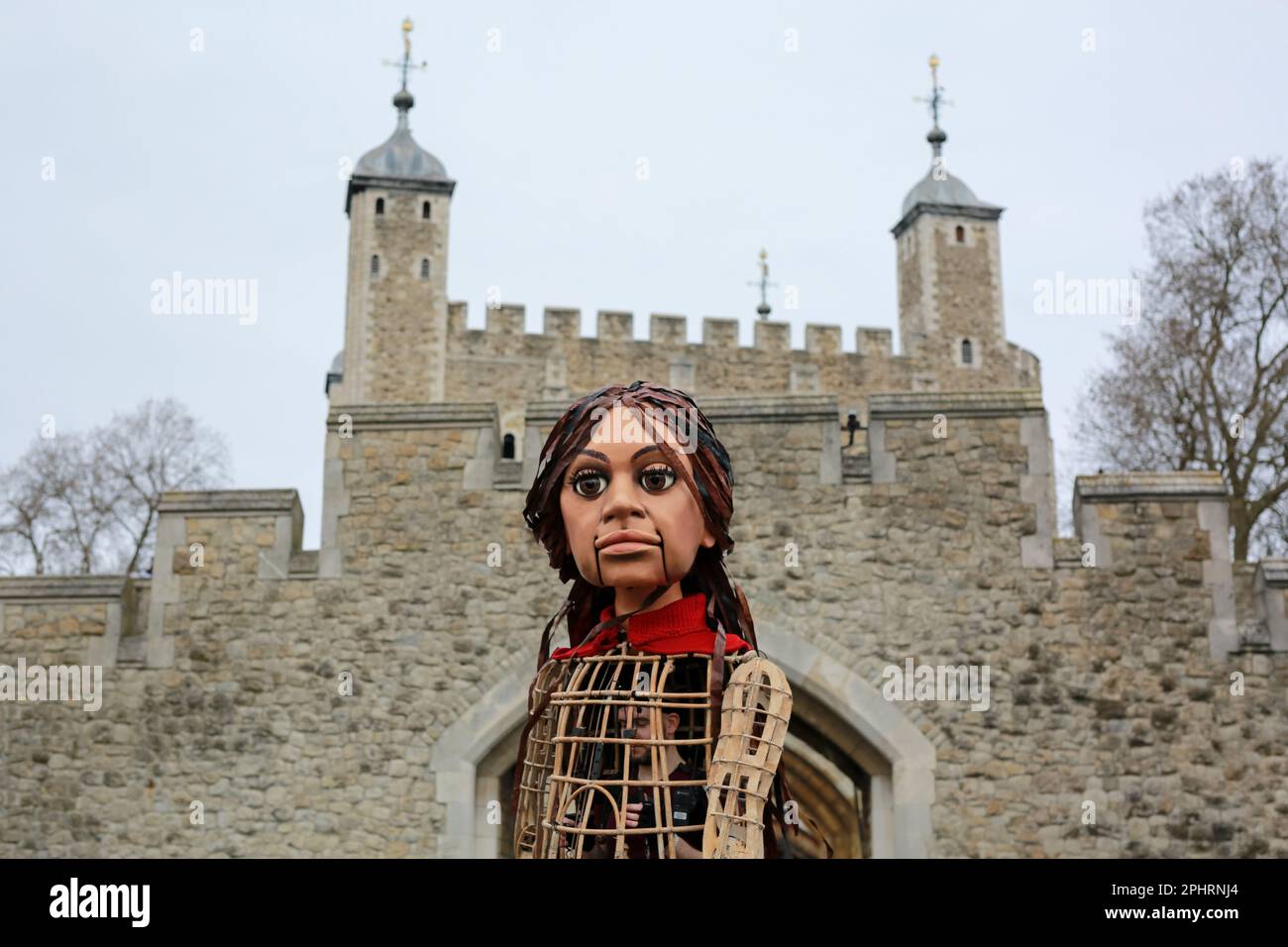 London, UK. 29 March 2023. Giant puppet Little Amal walks around the