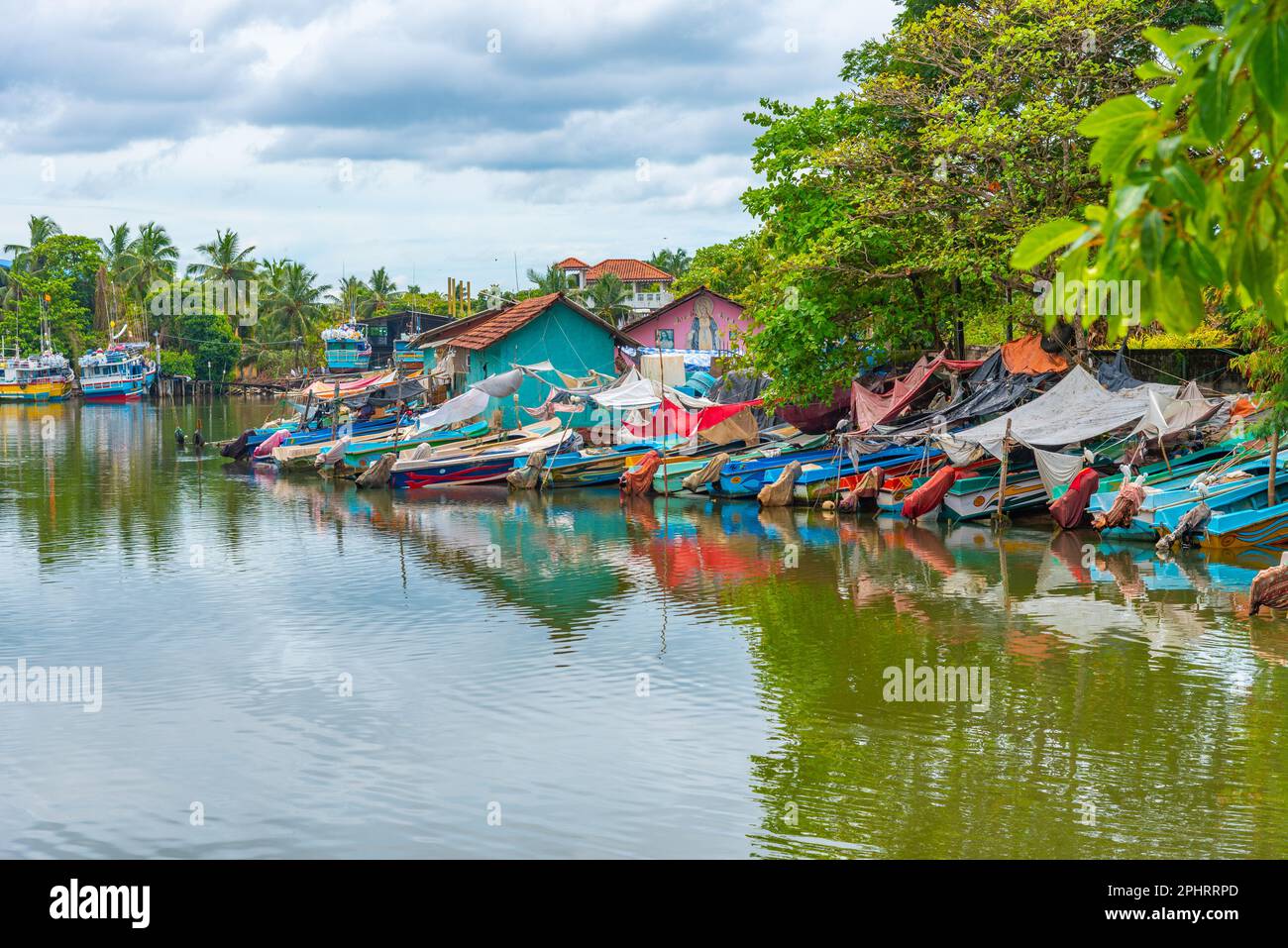 Fishing boats mooring at the shore of Negombo lagoon in Sri Lanka Stock ...
