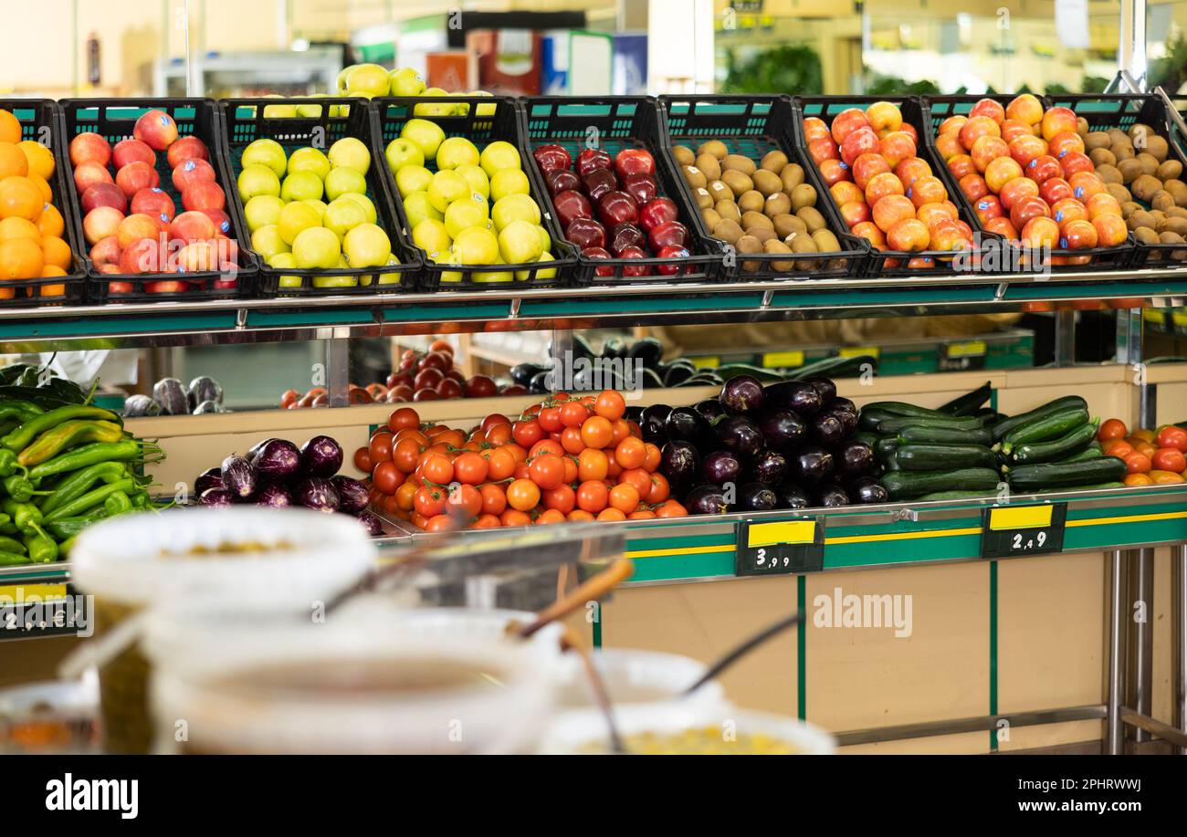 Stand of boxes full of fruits and vegetables in greengrocery Stock ...